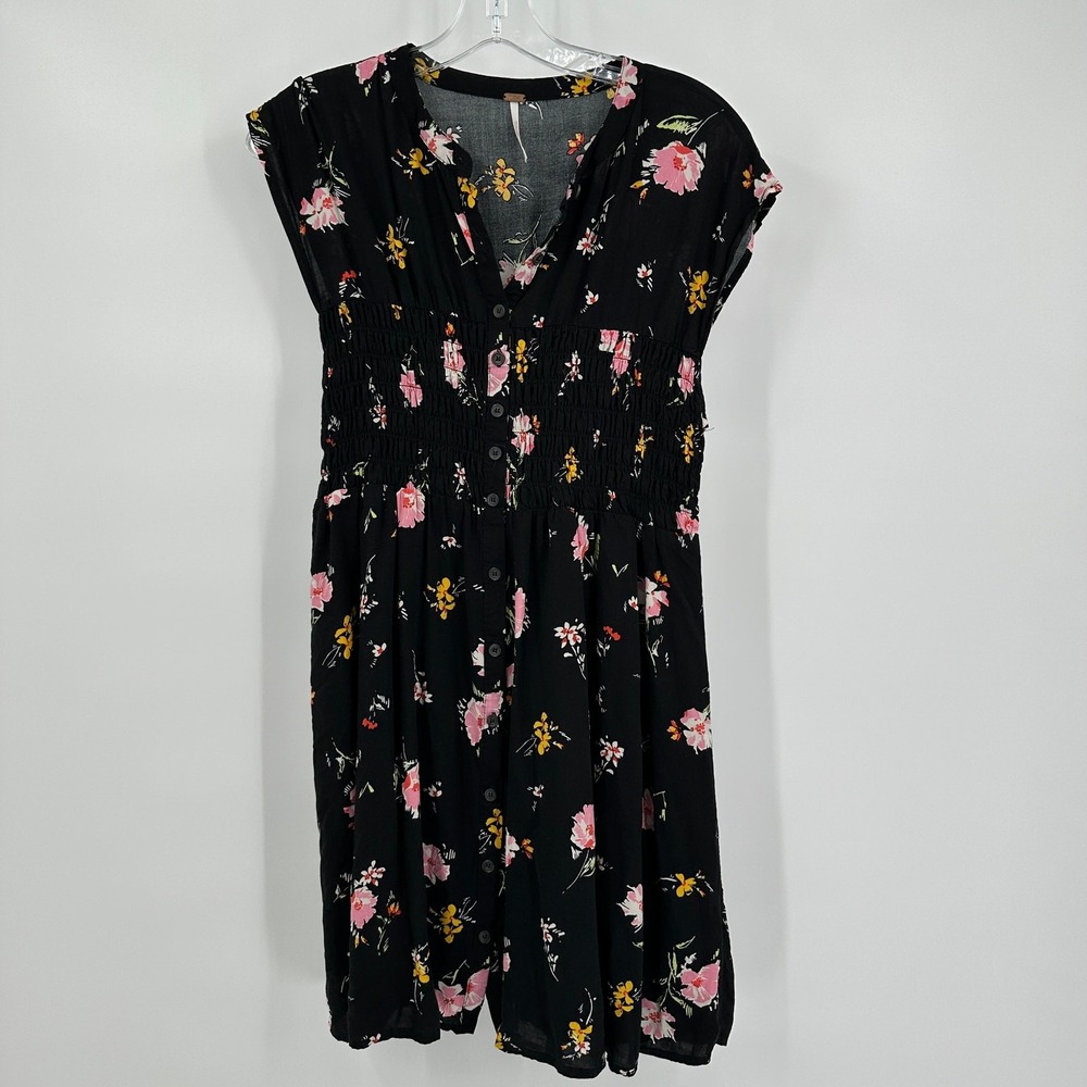 Free People Womens Boho Mini Dress Size M Dark Floral Smocked Botanical Romantic